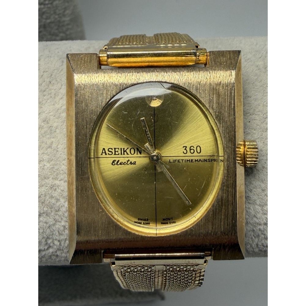 Aseikon Electra‎ 360 Manual Wind Mens Tank Watch 31MM 8" Vintage Gold Tone